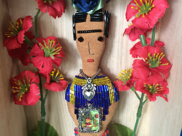 Frida Kahlo Folk Art Doll with Beadwork, Blue Rose, Heart Milagro, and Framed Kahlo Painting