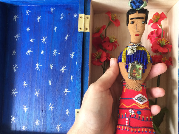 Frida Kahlo Art Doll, Removable, Blue Shrine Box with Silver Stars
