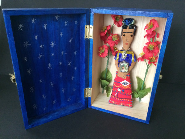 Frida Kahlo Folk Art Doll in Blue Shrine Box with Red Flowers