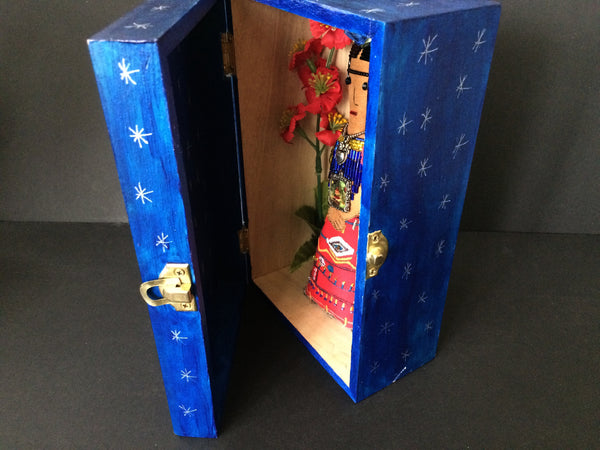 Hand-painted Blue Shrine Box with Silver Stars, Handmade Frida Kahlo Art Doll Inside