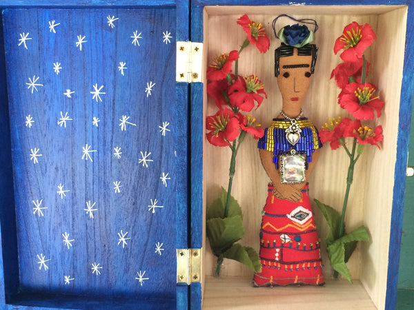 Frida Kahlo Folk Art Doll in Blue Shrine Box with Red Flowers