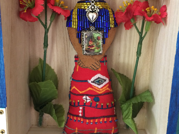 Frida Kahlo Folk Art Doll with Blue and Yellow Beadwork Shirt, Recycled Fabric Skirt, Heart Milagro, Framed Frida Kahlo Painting
