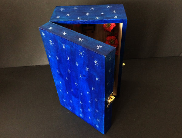 Dark blue hand-painted shrine box with silver stars painted on all sides