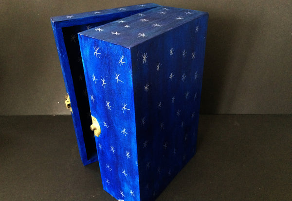 Dark Blue Shrine Box with Silver Stars, Hand-Painted