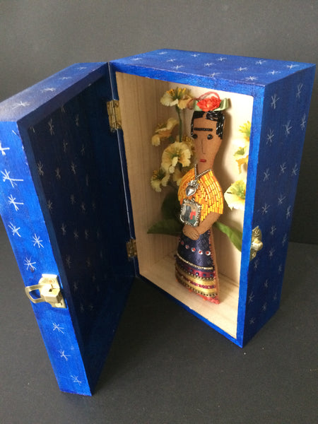 Nina's Frida Kahlo Art Doll in Blue Shrine Box with Yellow Flowers