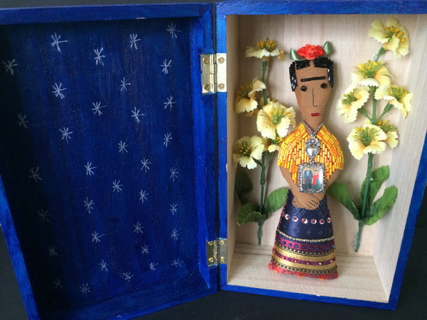 Nina's Frida Kahlo Art Doll in Blue Shrine Box with Yellow Flowers