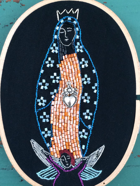 Virgin of Guadalupe Embroidered Hoop Art with Beadwork - Virgin Hoop Art - Inspired by Mexican Folk Art - Saint - Milagro Heart - Christmas
