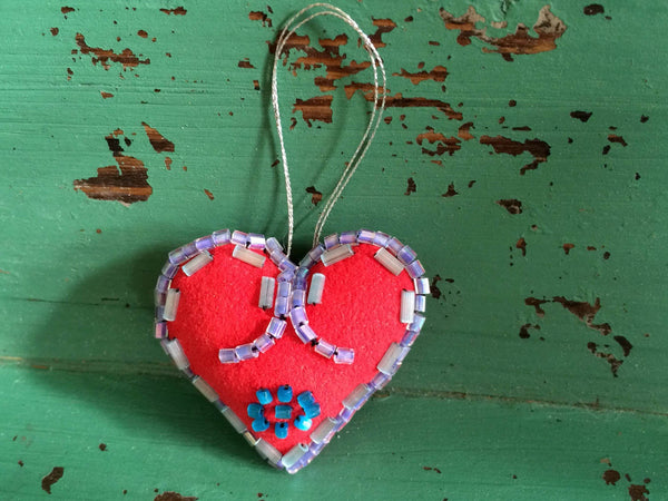 Valentines Heart - Valentines Gift - Beaded Heart - Decorative Heart - Heart Charm - Heart Ornament - Purple, Silver, Turquoise Beads