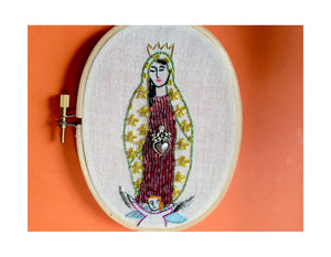 Virgin of Guadalupe Embroidered Hoop Art with Beadwork, Milagro Heart Charm, 3.5"x 5" inch Oval Hoop