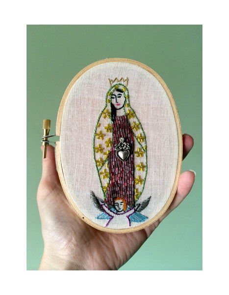 Virgin of Guadalupe Embroidered Hoop Art with Beadwork, Milagro Heart Charm, 3.5"x 5" inch Oval Hoop