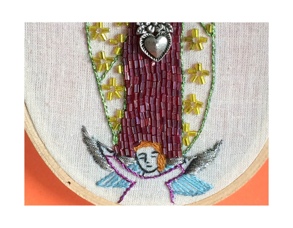 Virgin of Guadalupe Embroidered Hoop Art with Beadwork, Milagro Heart Charm, 3.5"x 5" inch Oval Hoop